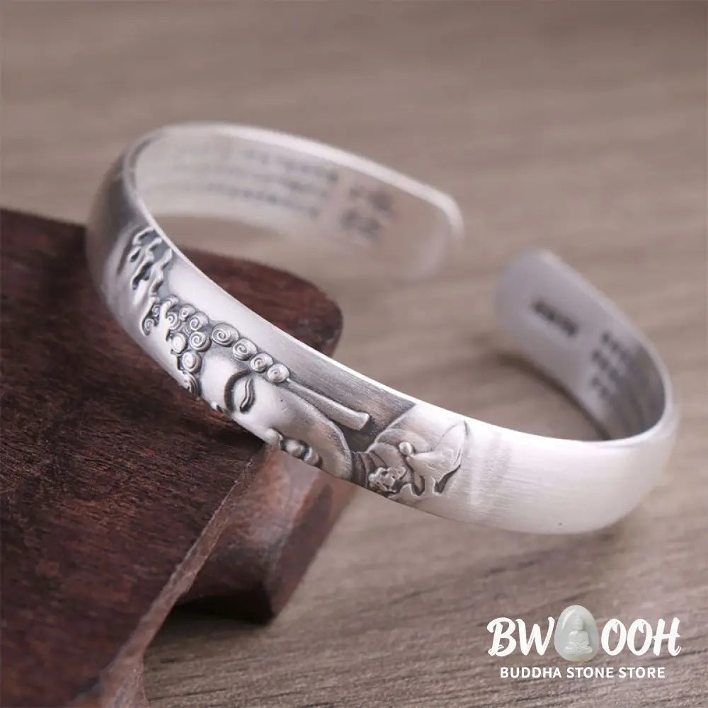 Buddha Stones 999 Sterling Silver Buddha Head Heart Sutra Serenity Bracelet Bangle - BWOOOH - Buddha Symbol (Compassion