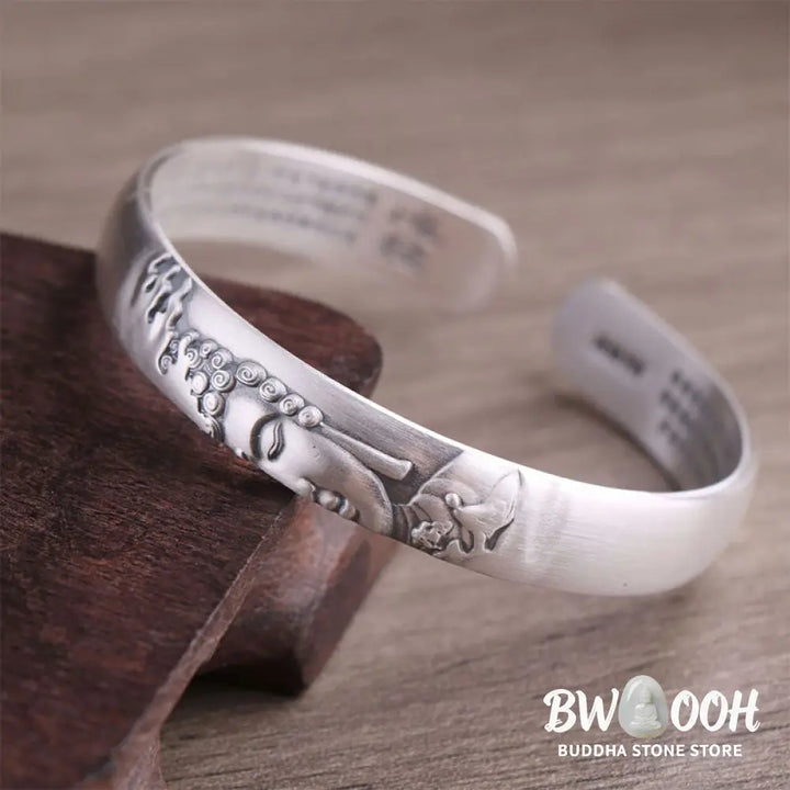 Buddha Stones 999 Sterling Silver Buddha Head Heart Sutra Serenity Bracelet Bangle - BWOOOH - Buddha Symbol (Compassion