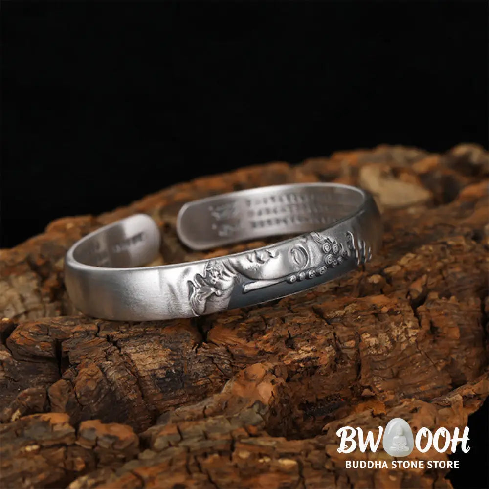 Buddha Stones 999 Sterling Silver Buddha Head Heart Sutra Serenity Bracelet Bangle - BWOOOH - Buddha Symbol (Compassion