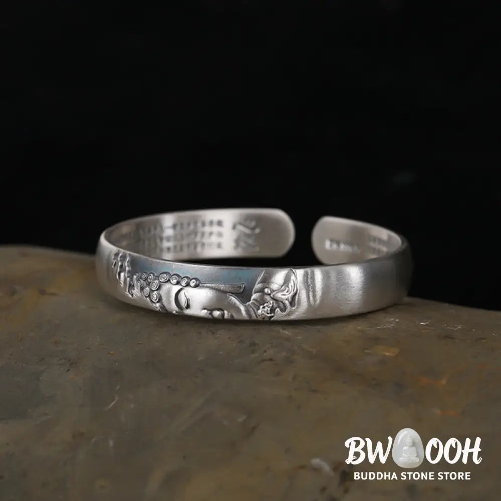 Buddha Stones 999 Sterling Silver Buddha Head Heart Sutra Serenity Bracelet Bangle - BWOOOH - Buddha Symbol (Compassion