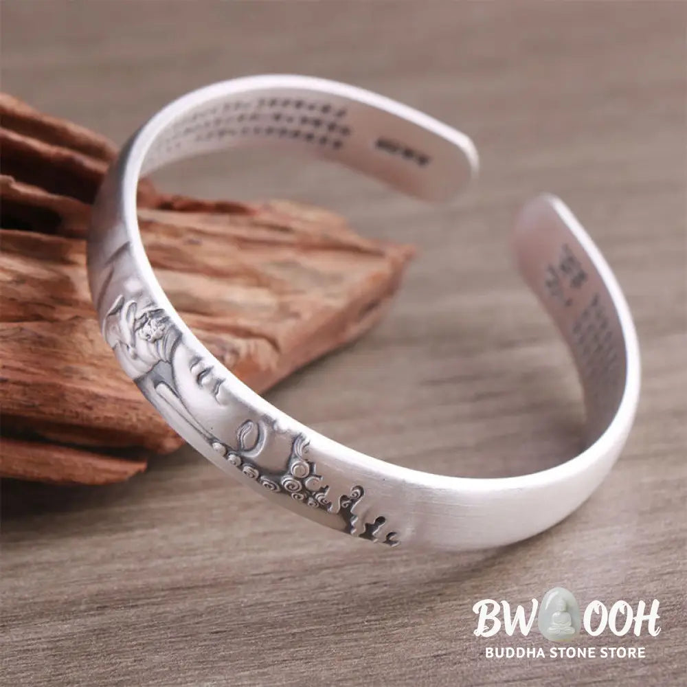 Buddha Stones 999 Sterling Silver Buddha Head Heart Sutra Serenity Bracelet Bangle - BWOOOH - Buddha Symbol (Compassion