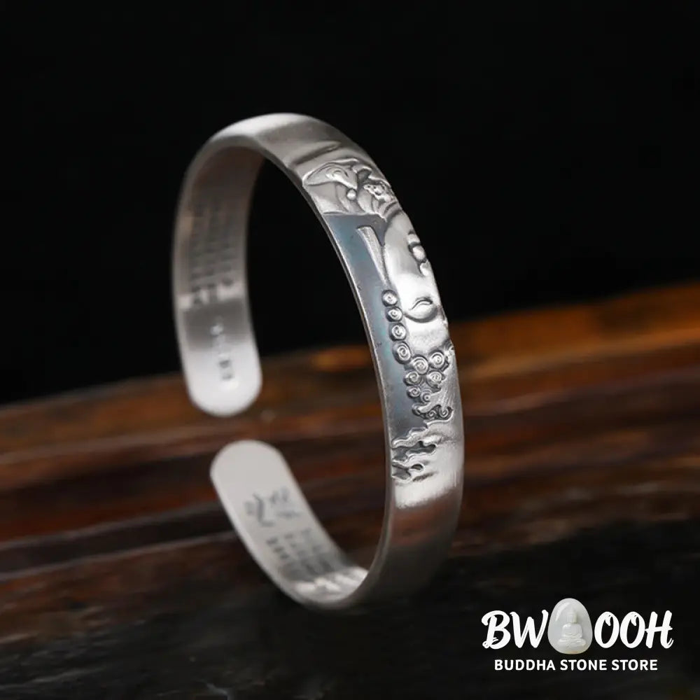 Buddha Stones 999 Sterling Silver Buddha Head Heart Sutra Serenity Bracelet Bangle - BWOOOH - Buddha Symbol (Compassion