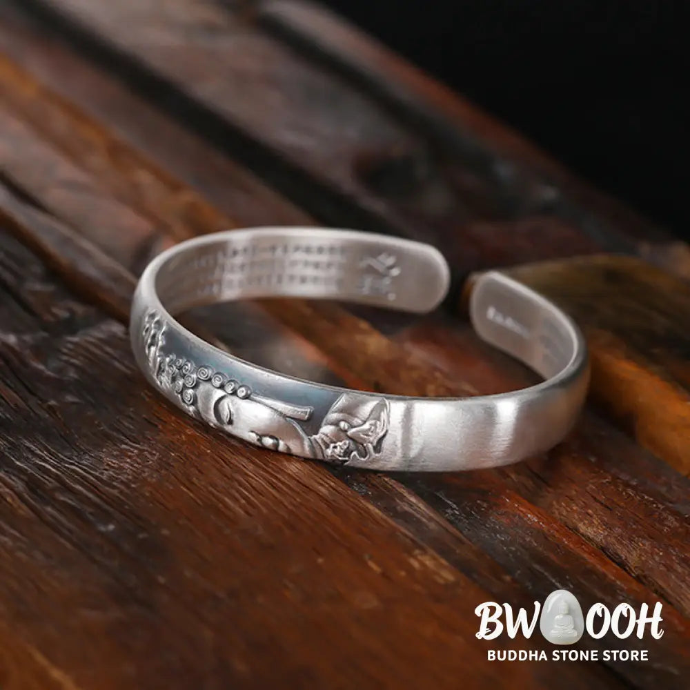 Buddha Stones 999 Sterling Silver Buddha Head Heart Sutra Serenity Bracelet Bangle - BWOOOH - Buddha Symbol (Compassion