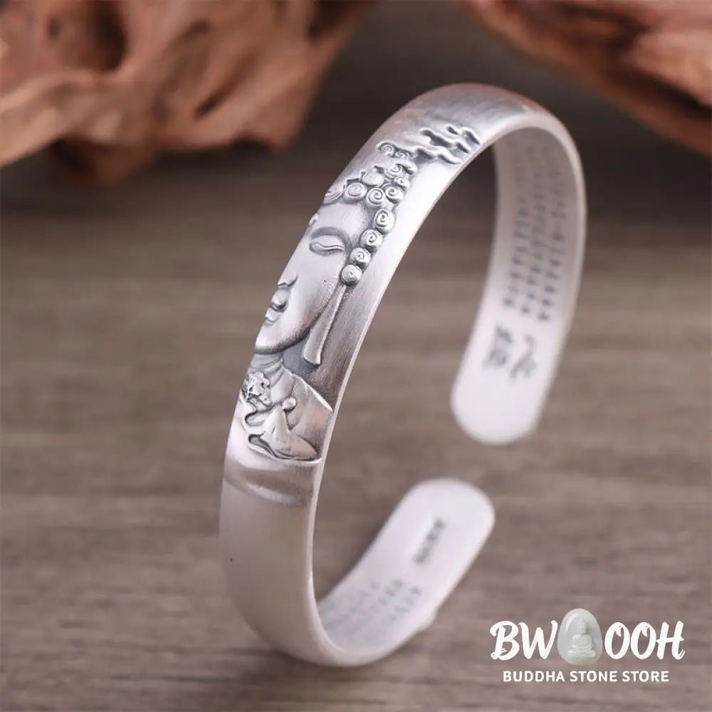 Buddha Stones 999 Sterling Silver Buddha Head Heart Sutra Serenity Bracelet Bangle - BWOOOH - Buddha Symbol (Compassion