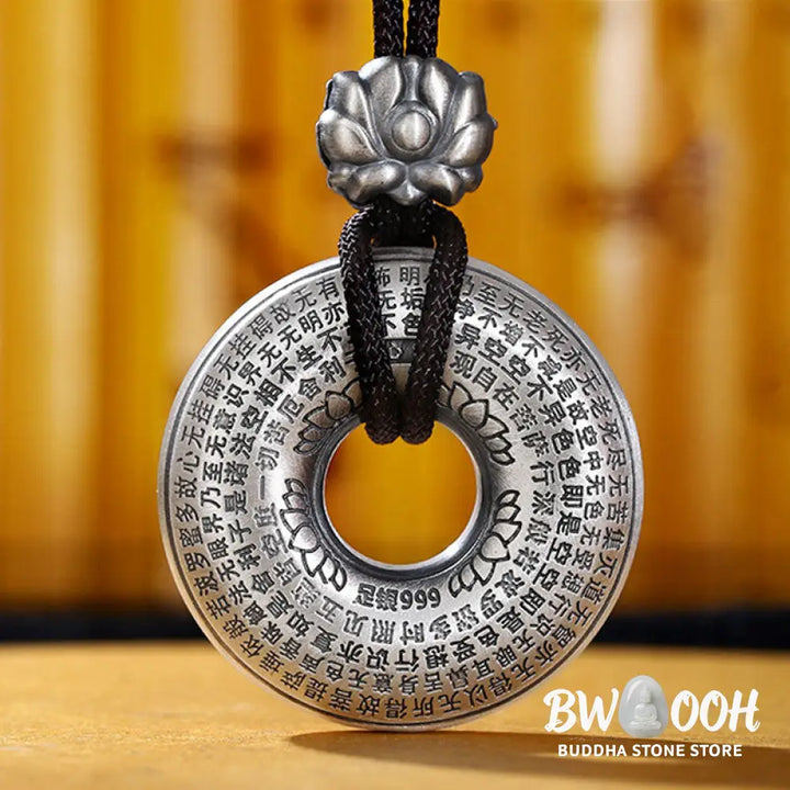Buddha Stones 999 Sterling Silver Heart Sutra Lotus Peace Buckle Necklace Pendant - BWOOOH - 999 Sterling Silver