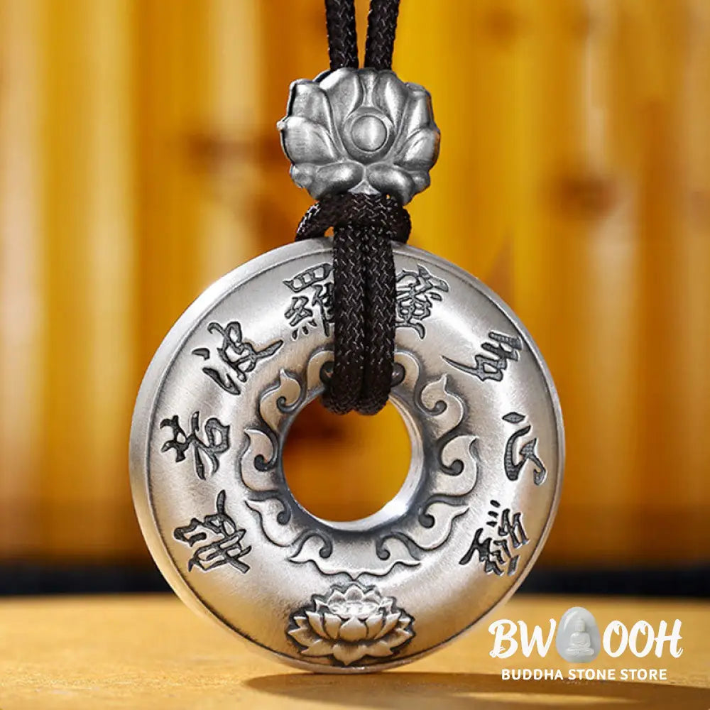 Buddha Stones 999 Sterling Silver Heart Sutra Lotus Peace Buckle Necklace Pendant - BWOOOH - 999 Sterling Silver