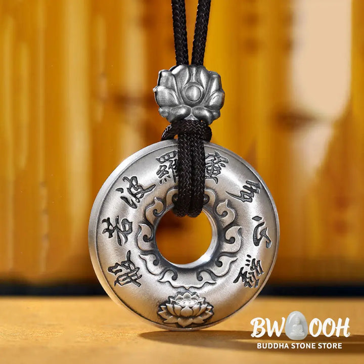 Buddha Stones 999 Sterling Silver Heart Sutra Lotus Peace Buckle Necklace Pendant - BWOOOH - 999 Sterling Silver