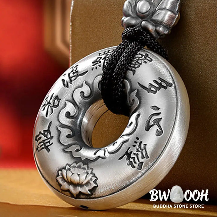 Buddha Stones 999 Sterling Silver Heart Sutra Lotus Peace Buckle Necklace Pendant - BWOOOH - 999 Sterling Silver