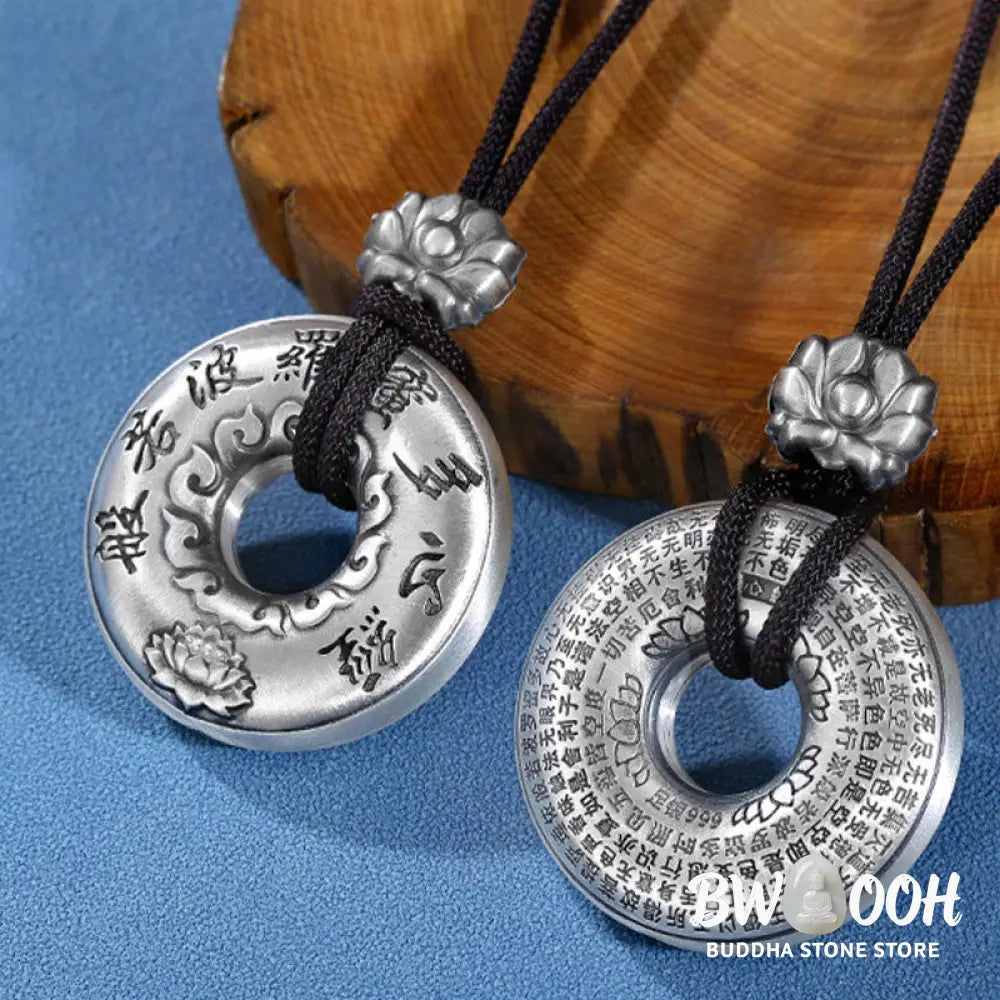 Buddha Stones 999 Sterling Silver Heart Sutra Lotus Peace Buckle Necklace Pendant - BWOOOH - 999 Sterling Silver