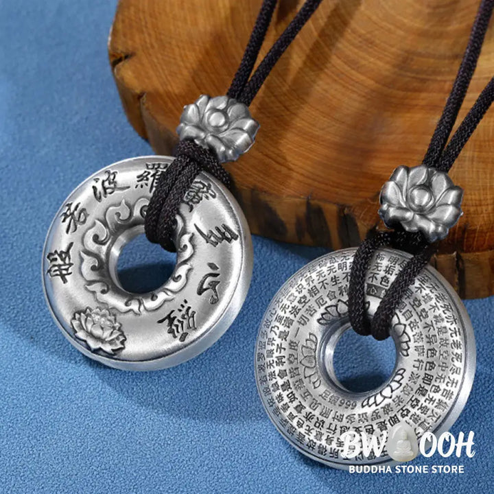 Buddha Stones 999 Sterling Silver Heart Sutra Lotus Peace Buckle Necklace Pendant - BWOOOH - 999 Sterling Silver