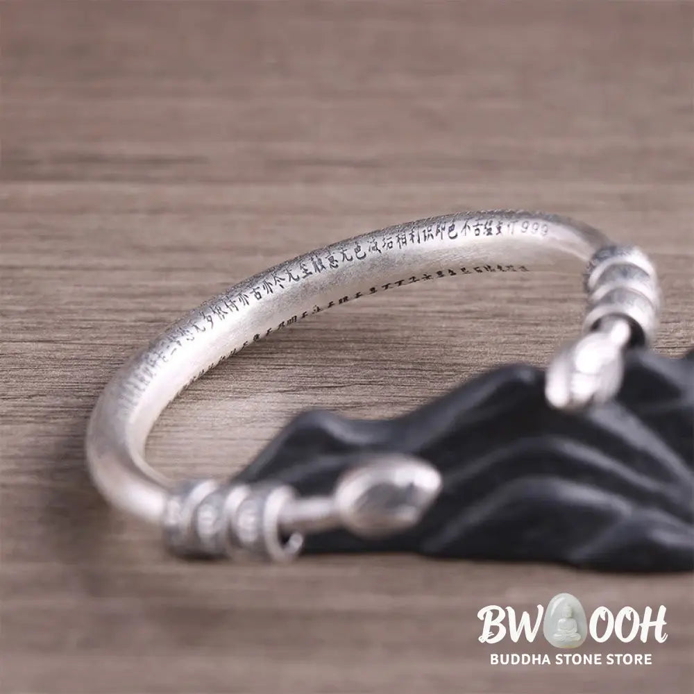 Buddha Stones 999 Sterling Silver Heart Sutra Om Mani Padme Hum Engraved Peace Purity Bracelet Bangle - BWOOOH - 999