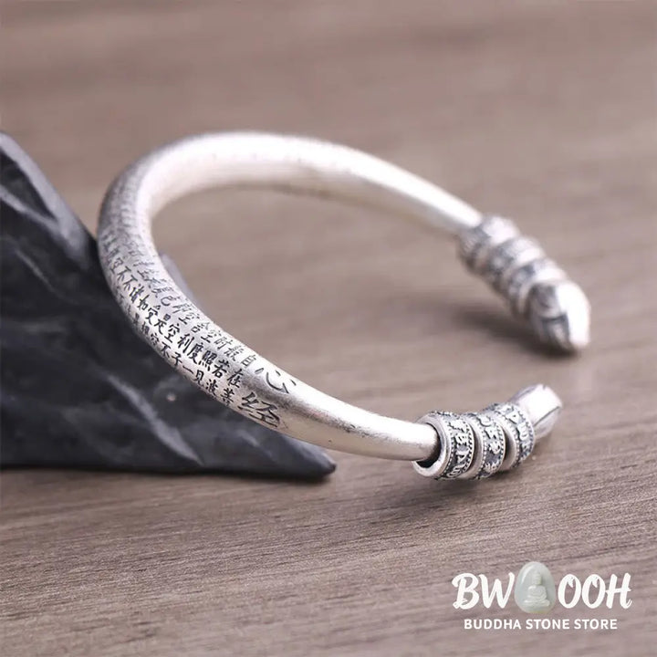 Buddha Stones 999 Sterling Silver Heart Sutra Om Mani Padme Hum Engraved Peace Purity Bracelet Bangle - BWOOOH - 999