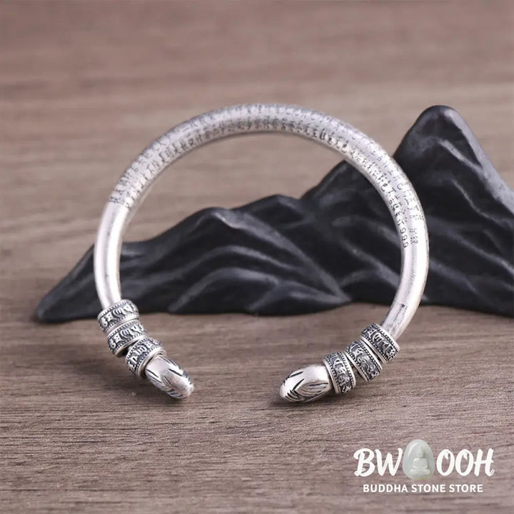 Buddha Stones 999 Sterling Silver Heart Sutra Om Mani Padme Hum Engraved Peace Purity Bracelet Bangle - BWOOOH - 999