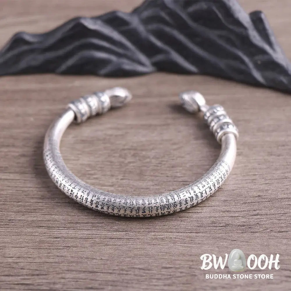 Buddha Stones 999 Sterling Silver Heart Sutra Om Mani Padme Hum Engraved Peace Purity Bracelet Bangle - BWOOOH - 999