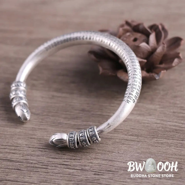 Buddha Stones 999 Sterling Silver Heart Sutra Om Mani Padme Hum Engraved Peace Purity Bracelet Bangle - BWOOOH - 999