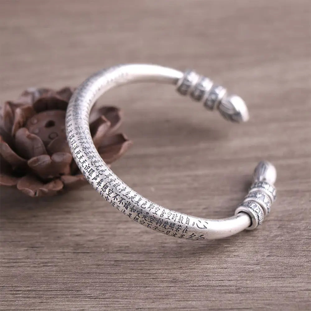 BWOOOH 999 Sterling Silver Heart Sutra Om Mani Padme Hum Engraved Peace Purity Bracelet Bangle - BWOOOH - 999