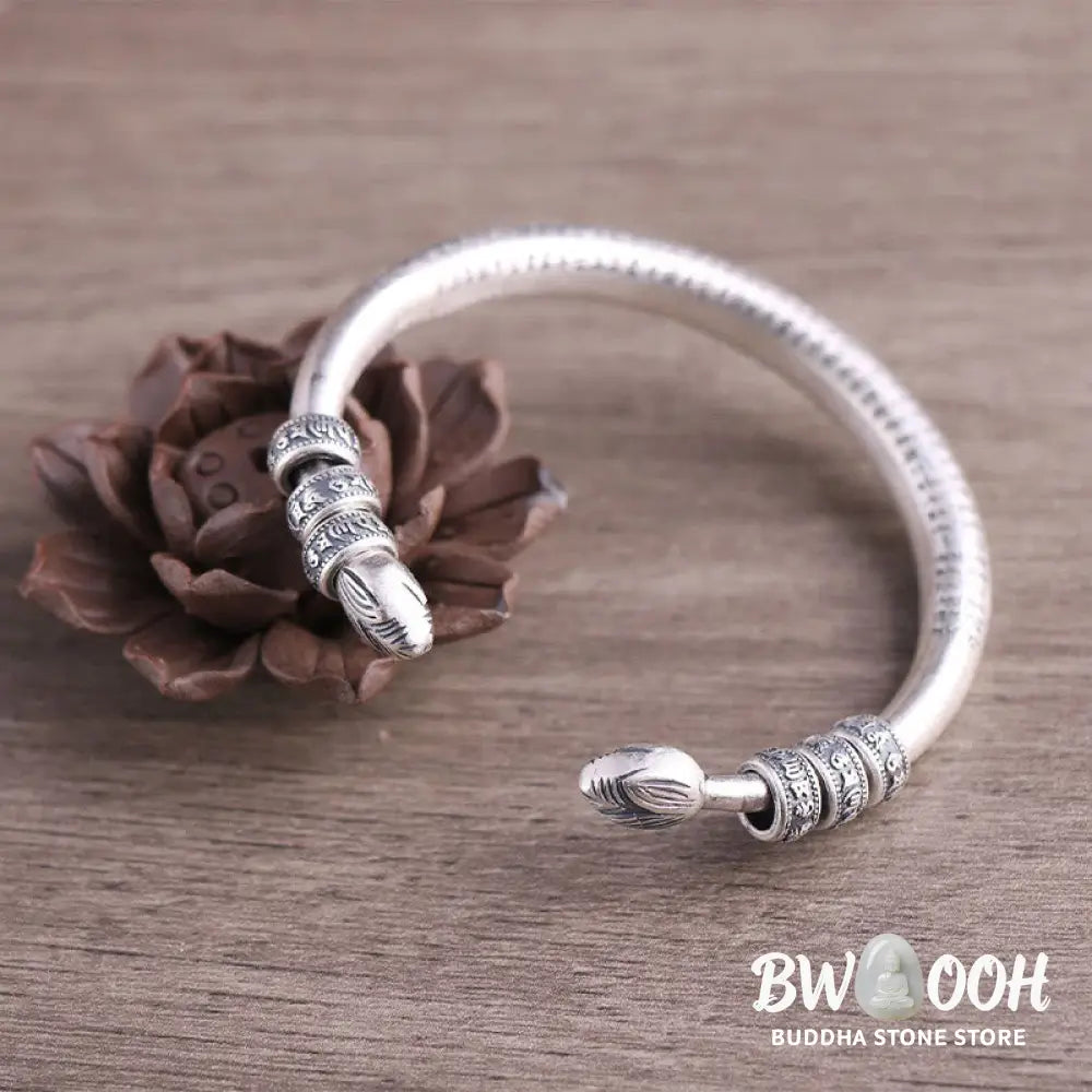 Buddha Stones 999 Sterling Silver Heart Sutra Om Mani Padme Hum Engraved Peace Purity Bracelet Bangle - BWOOOH - 999