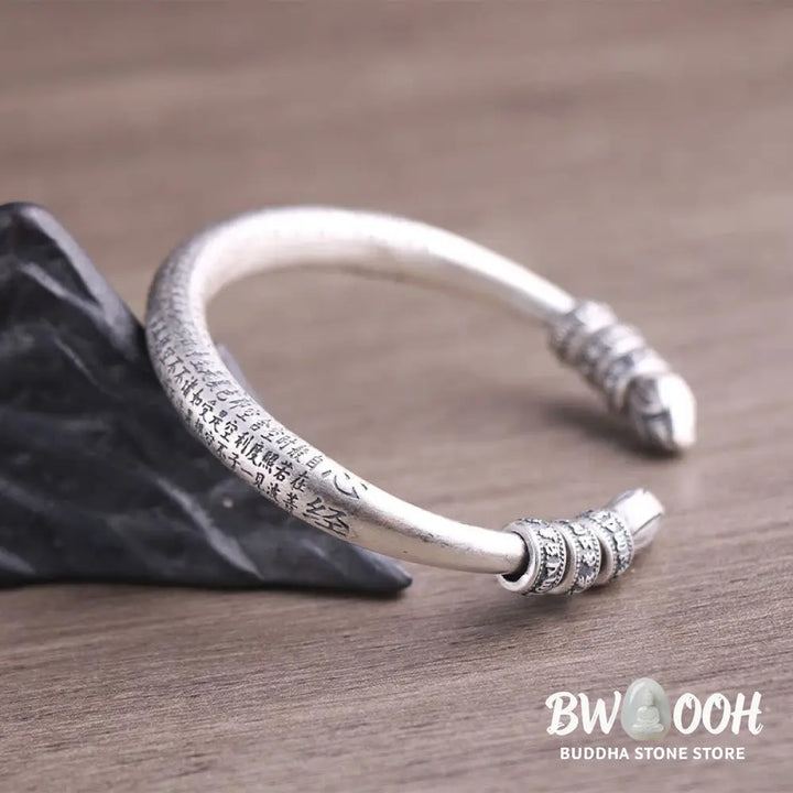 Buddha Stones 999 Sterling Silver Heart Sutra Om Mani Padme Hum Engraved Peace Purity Bracelet Bangle - BWOOOH - 999