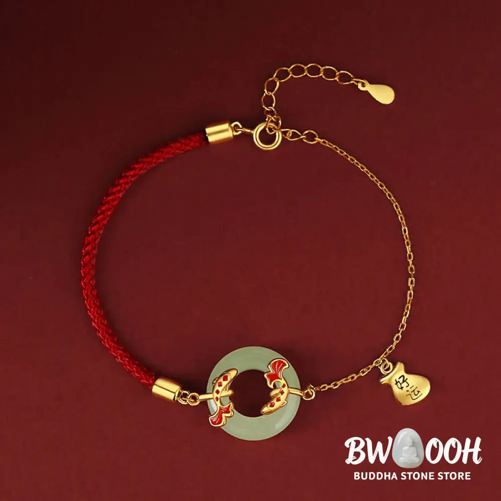 Buddha Stones 999 Sterling Silver Hetian White Jade Double Koi Fish Peace Buckle Lucky Charm Wealth Bracelet - Koi