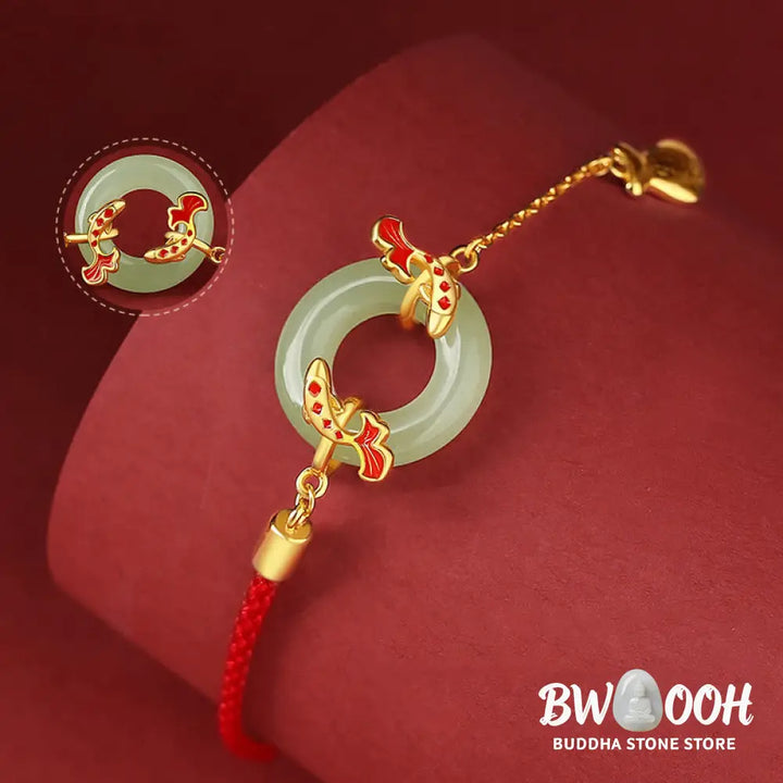 Buddha Stones 999 Sterling Silver Hetian White Jade Double Koi Fish Peace Buckle Lucky Charm Wealth Bracelet - Koi