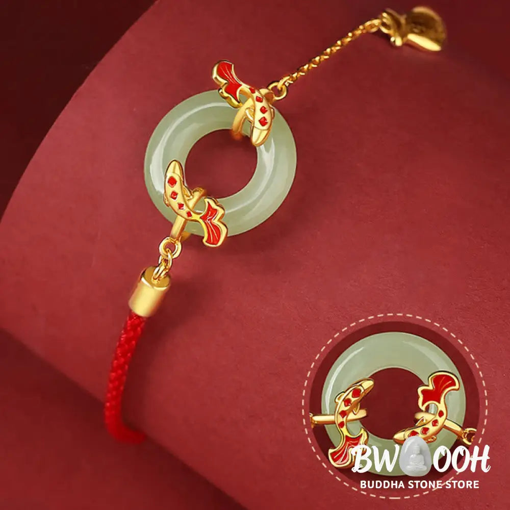 Buddha Stones 999 Sterling Silver Hetian White Jade Double Koi Fish Peace Buckle Lucky Charm Wealth Bracelet - Koi