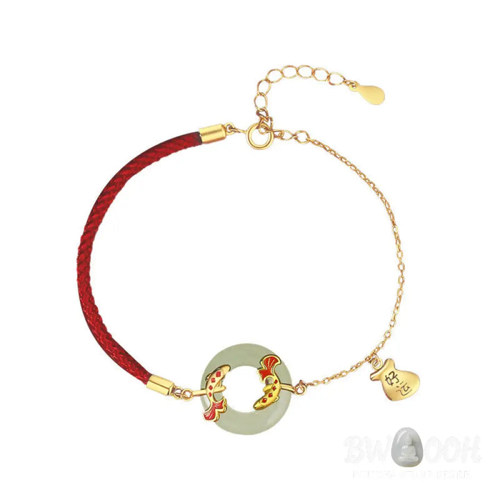 Buddha Stones 999 Sterling Silver Hetian White Jade Double Koi Fish Peace Buckle Lucky Charm Wealth Bracelet - Koi
