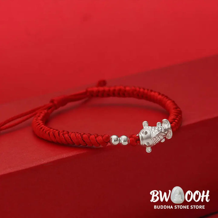 Buddha Stones 999 Sterling Silver Koi Fish Design 990 Sterling Silver Bead Red String Luck Bracelet - Bracelet