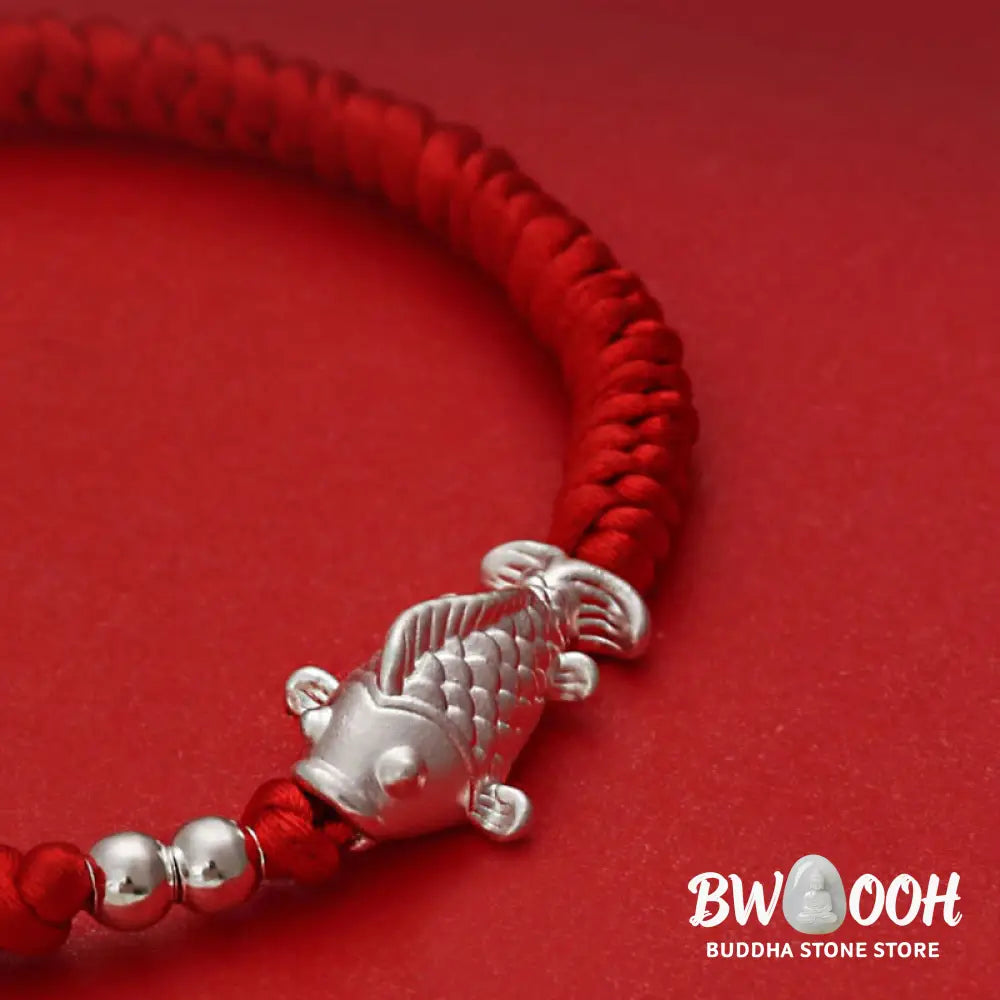 Buddha Stones 999 Sterling Silver Koi Fish Design 990 Sterling Silver Bead Red String Luck Bracelet - Bracelet