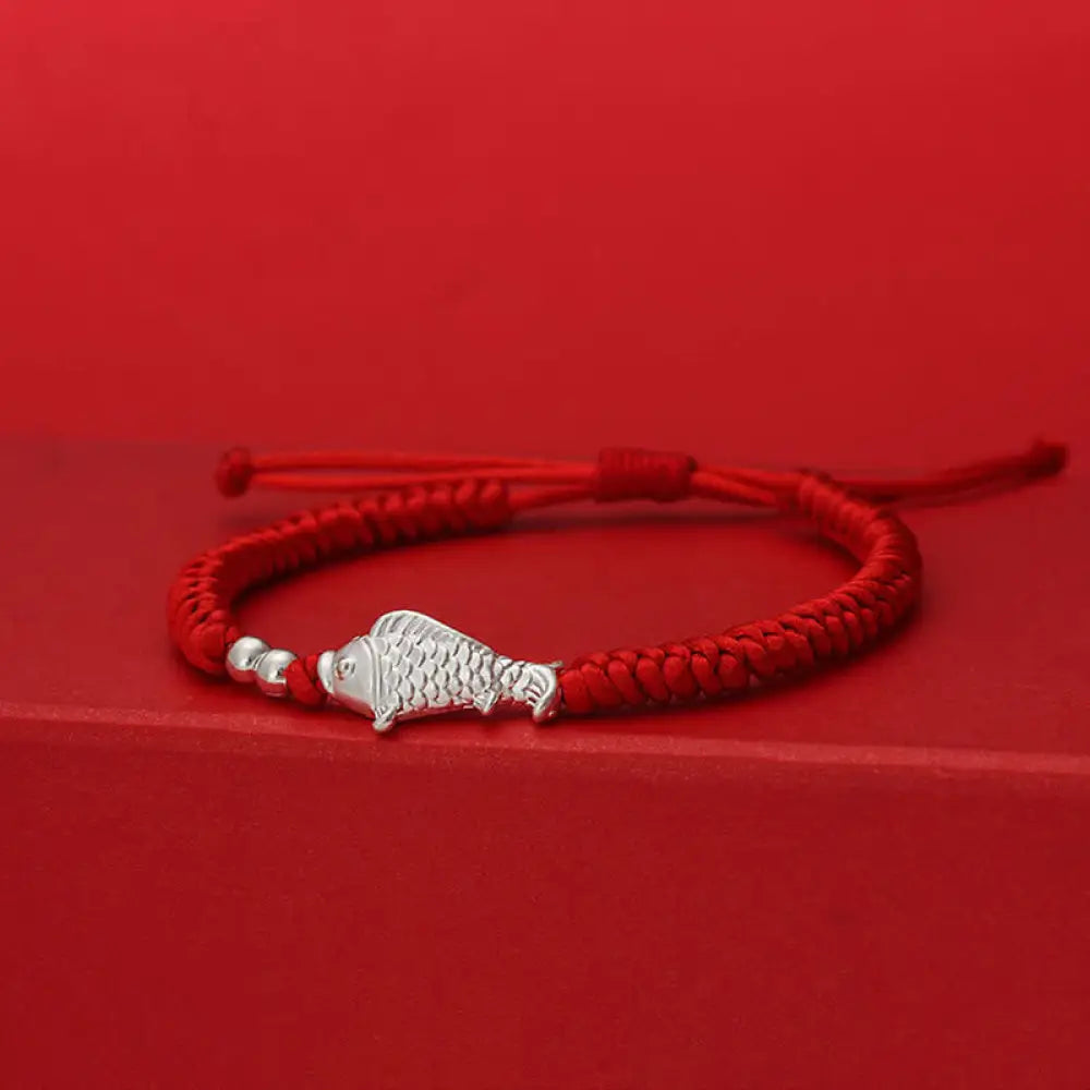 Buddha Stones 999 Sterling Silver Koi Fish Design 990 Sterling Silver Bead Red String Luck Bracelet - Red String(Wrist