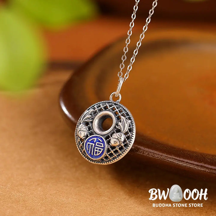 Buddha Stones 999 Sterling Silver Koi Fish Fu Character Lotus Peace Buckle Wealth Necklace Pendant - BWOOOH - Necklaces