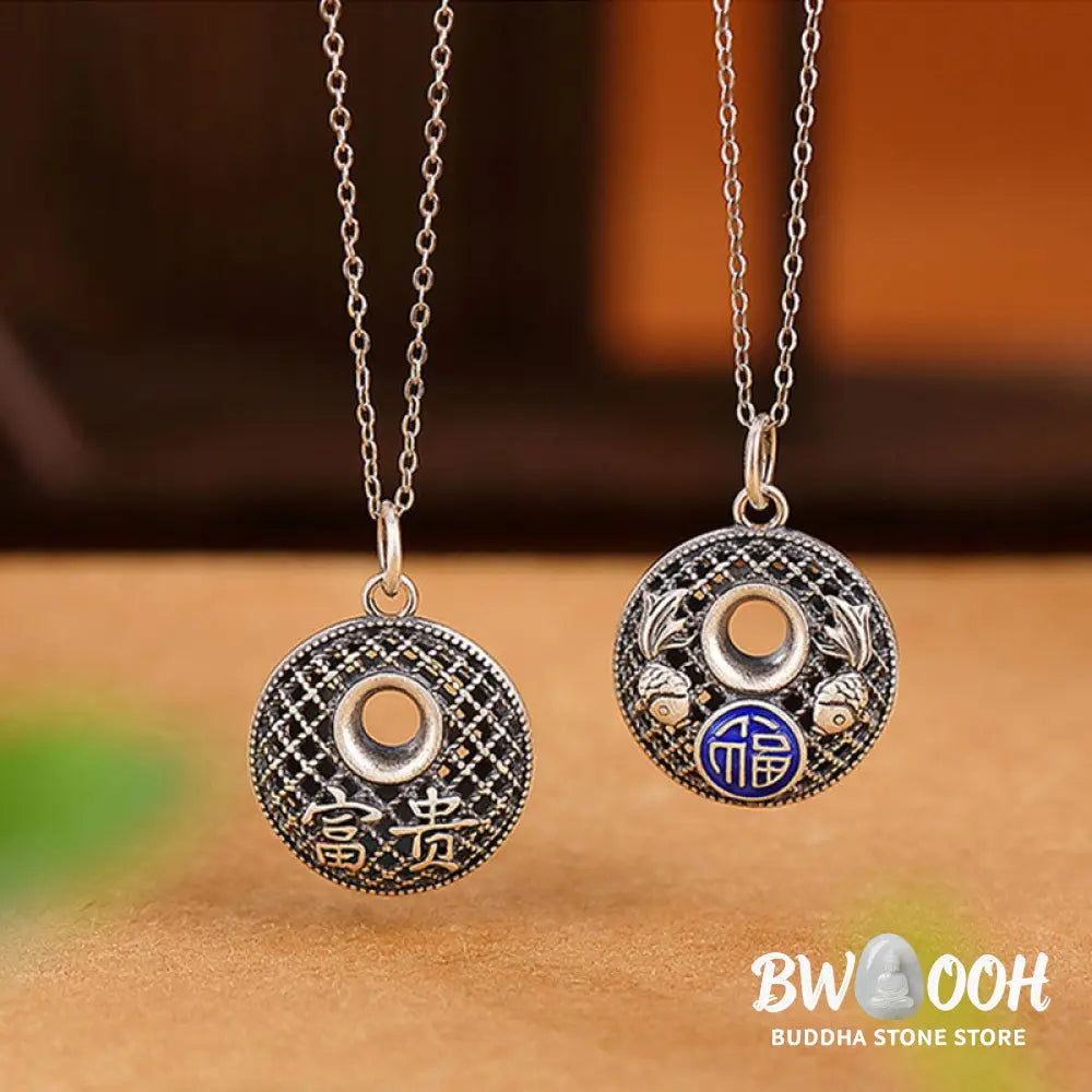 Buddha Stones 999 Sterling Silver Koi Fish Fu Character Lotus Peace Buckle Wealth Necklace Pendant - BWOOOH - Necklaces