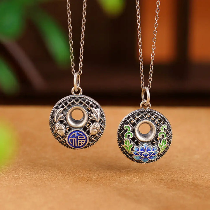 Buddha Stones 999 Sterling Silver Koi Fish Fu Character Lotus Peace Buckle Wealth Necklace Pendant - BWOOOH - Necklaces