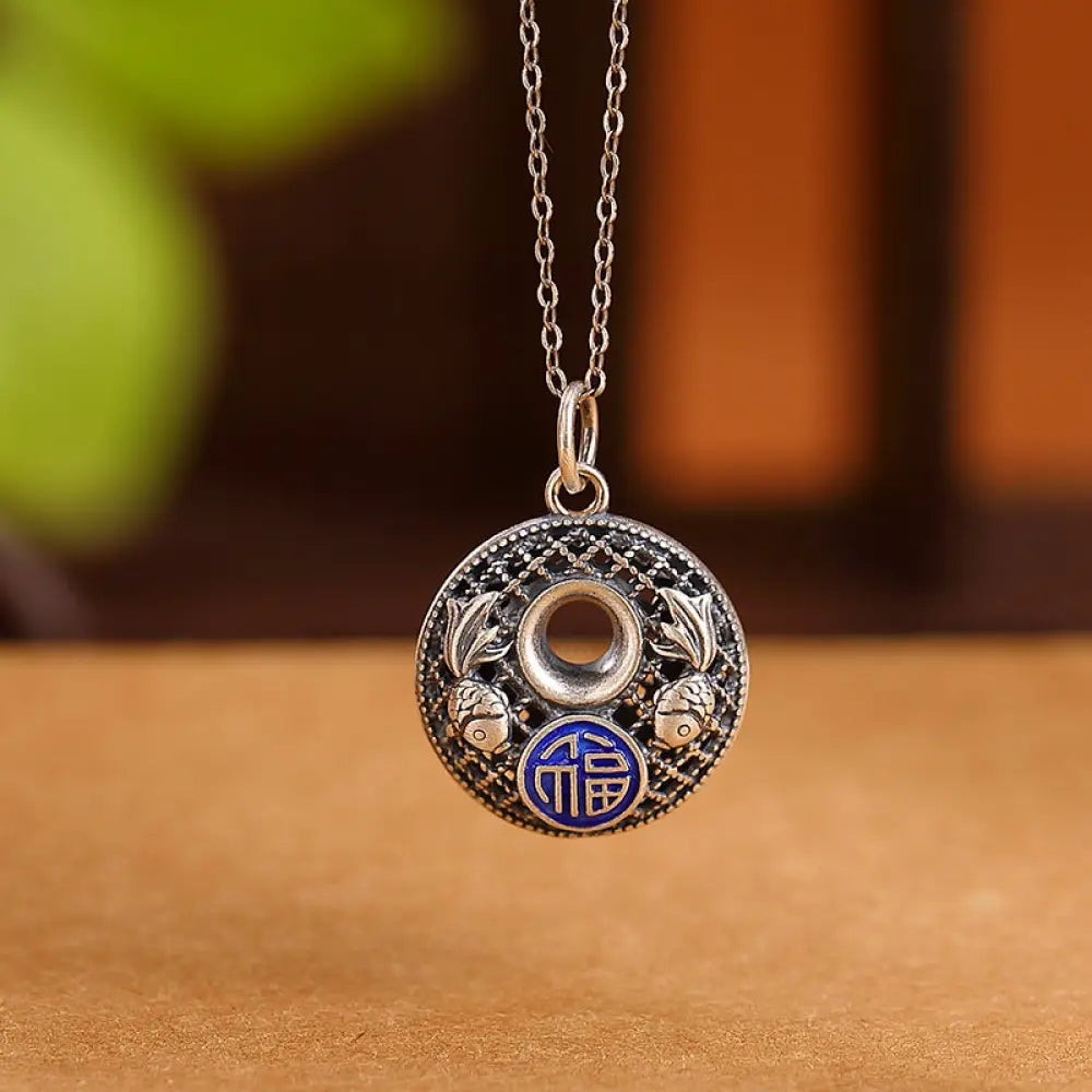Buddha Stones 999 Sterling Silver Koi Fish Fu Character Lotus Peace Buckle Wealth Necklace Pendant - BWOOOH - Koi Fish