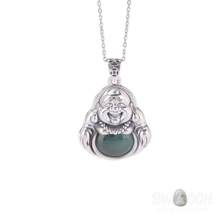 Buddha Stones 999 Sterling Silver Laughing Buddha Cyan Jade Lotus Success Necklace Chain Pendant - BWOOOH - Cyan