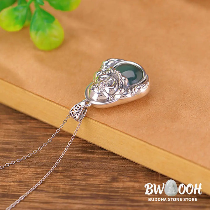 Buddha Stones 999 Sterling Silver Laughing Buddha Cyan Jade Lotus Success Necklace Chain Pendant - BWOOOH - Cyan