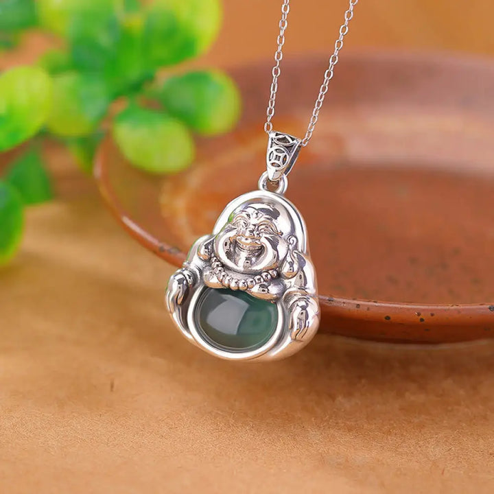 Buddha Stones 999 Sterling Silver Laughing Buddha Cyan Jade Lotus Success Necklace Chain Pendant - BWOOOH - Cyan