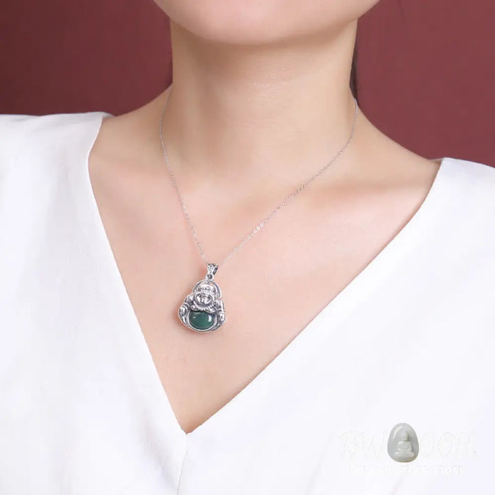 Buddha Stones 999 Sterling Silver Laughing Buddha Cyan Jade Lotus Success Necklace Chain Pendant - BWOOOH - Cyan
