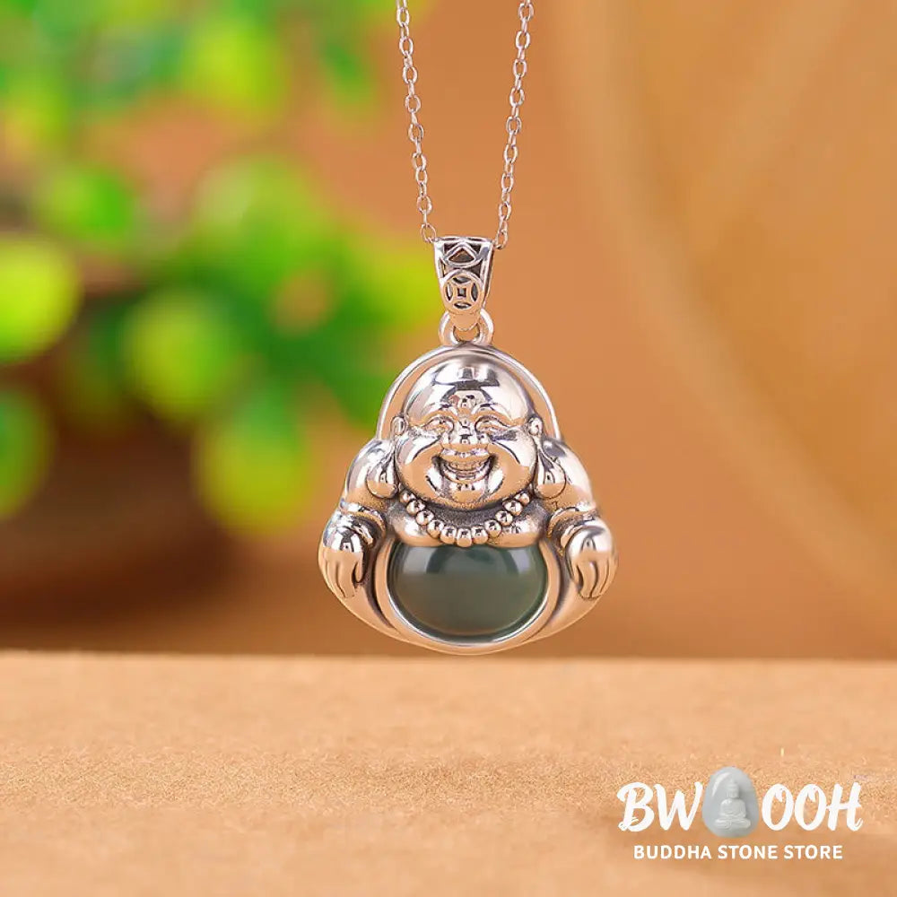 Buddha Stones 999 Sterling Silver Laughing Buddha Cyan Jade Lotus Success Necklace Chain Pendant - BWOOOH - Cyan