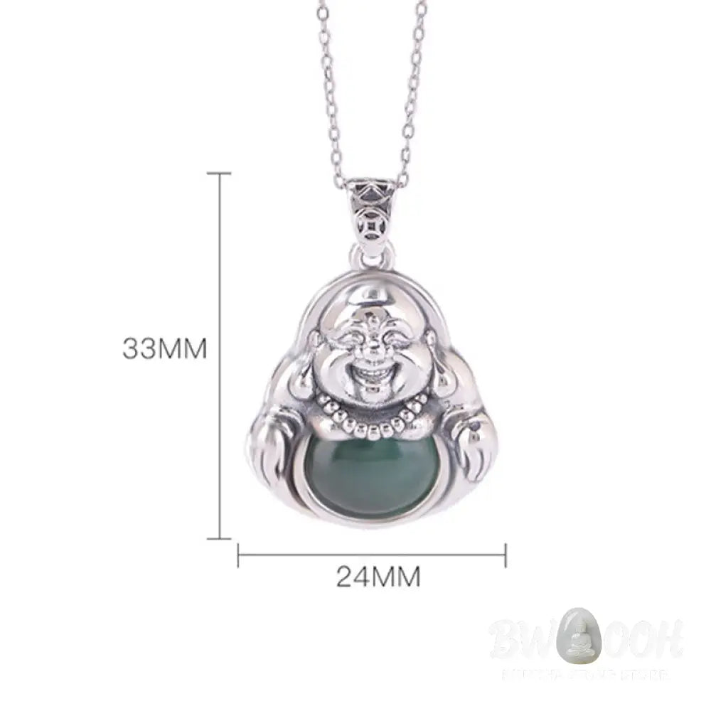 Buddha Stones 999 Sterling Silver Laughing Buddha Cyan Jade Lotus Success Necklace Chain Pendant - BWOOOH - Cyan