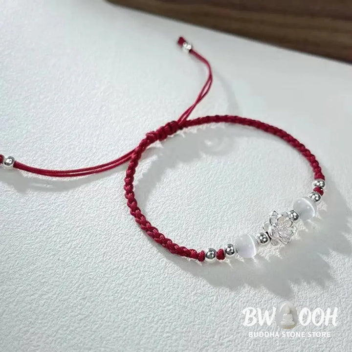Buddha Stones 999 Sterling Silver Lotus Design Cat’s Eye Bead Protection String Bracelet - BWOOOH - Bracelet