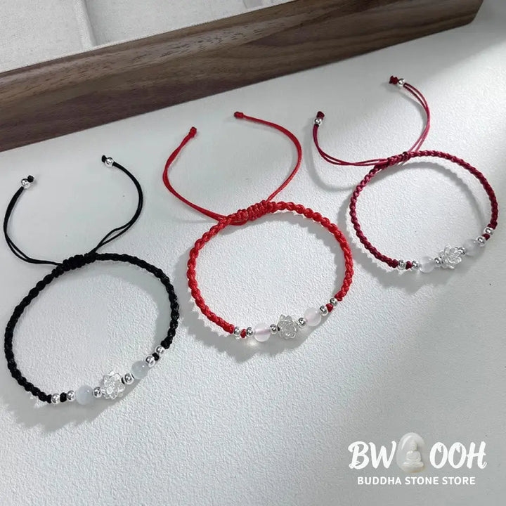Buddha Stones 999 Sterling Silver Lotus Design Cat’s Eye Bead Protection String Bracelet - BWOOOH - Bracelet