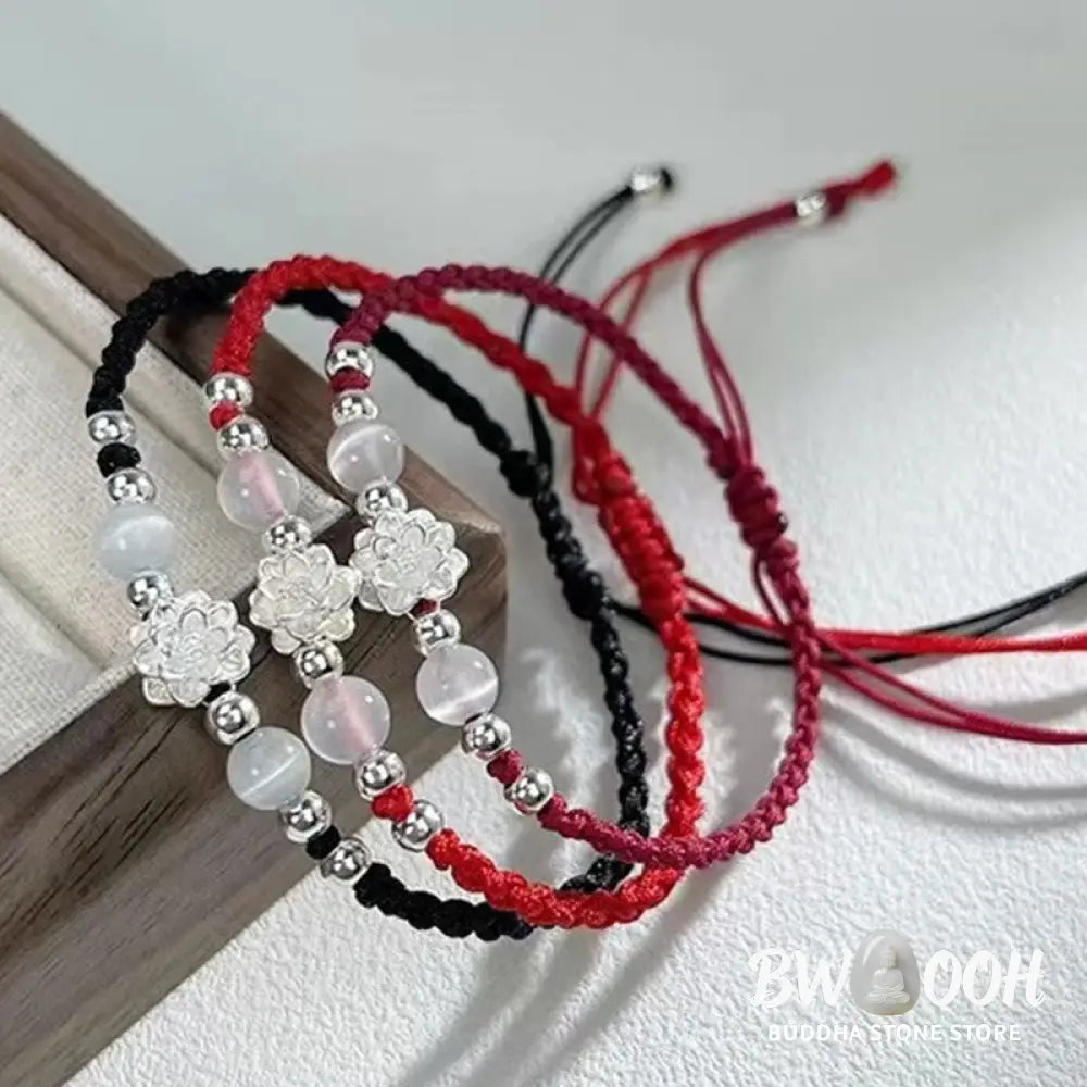 Buddha Stones 999 Sterling Silver Lotus Design Cat’s Eye Bead Protection String Bracelet - BWOOOH - Bracelet