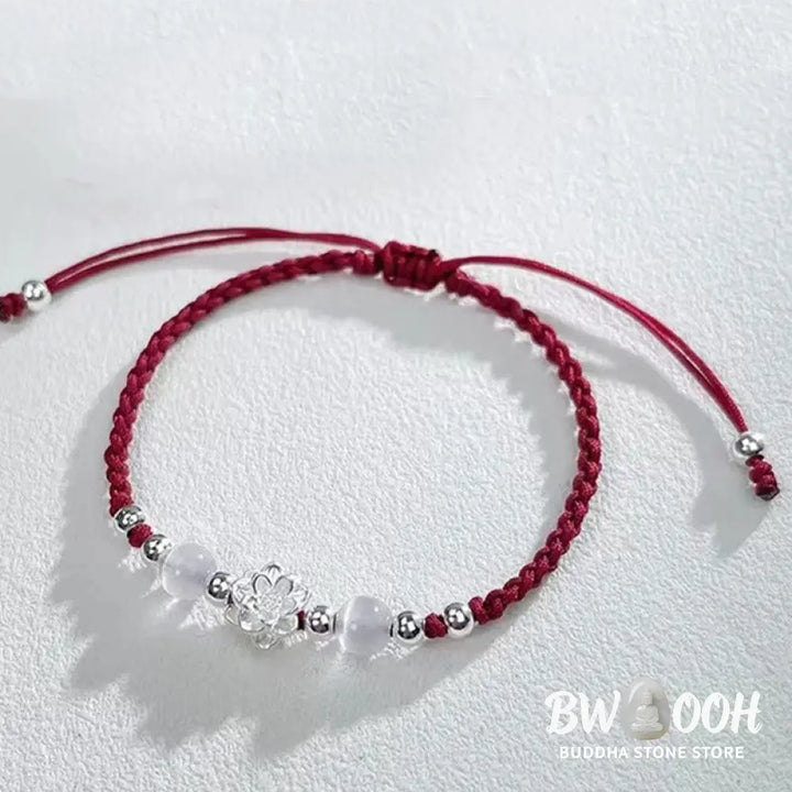 Buddha Stones 999 Sterling Silver Lotus Design Cat’s Eye Bead Protection String Bracelet - BWOOOH - Bracelet