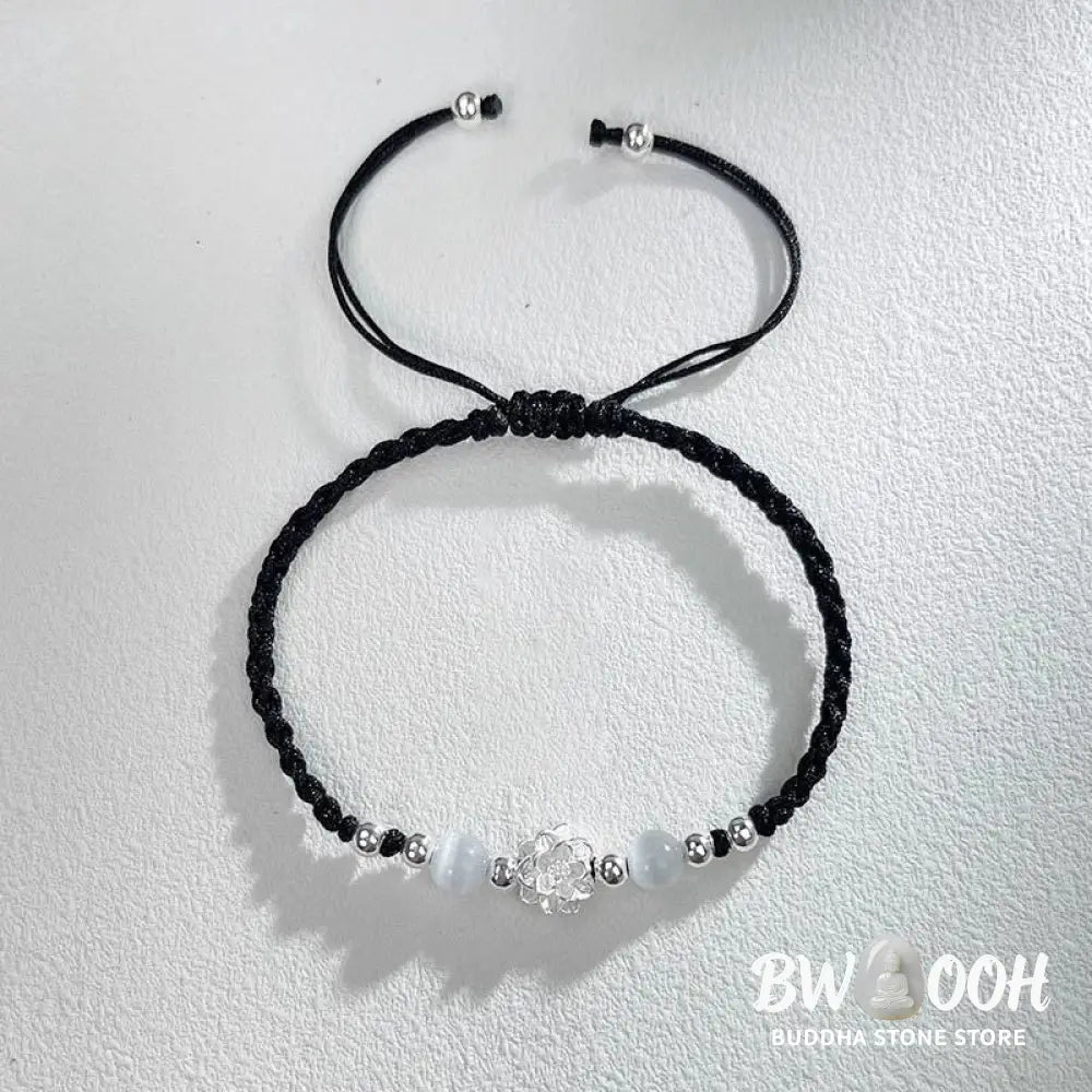 Buddha Stones 999 Sterling Silver Lotus Design Cat’s Eye Bead Protection String Bracelet - BWOOOH - Bracelet