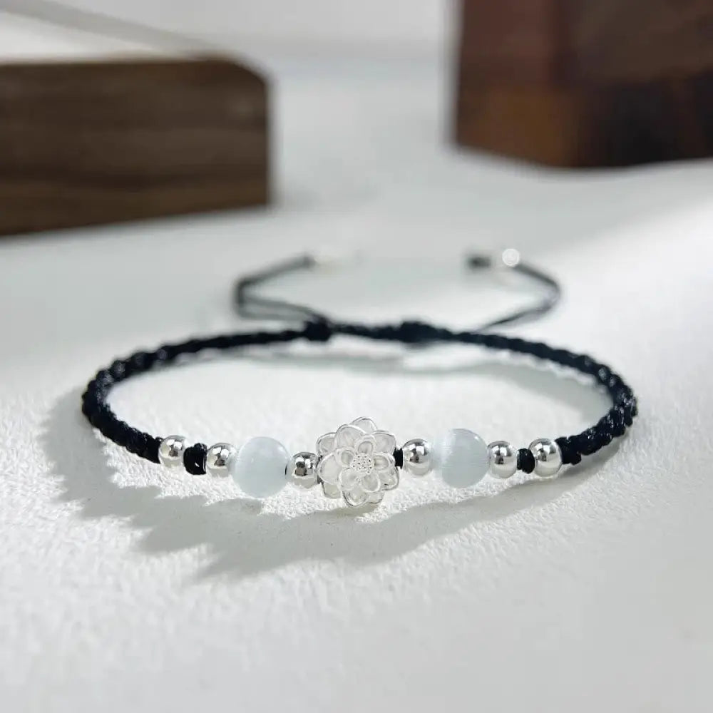 BWOOOH 999 Sterling Silver Lotus Design Cat’s Eye Bead Protection String Bracelet - BWOOOH - Lotus Black(Wrist