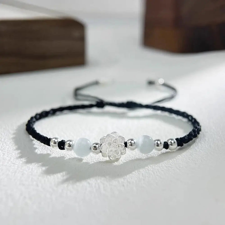 BWOOOH 999 Sterling Silver Lotus Design Cat’s Eye Bead Protection String Bracelet - BWOOOH - Lotus Black(Wrist