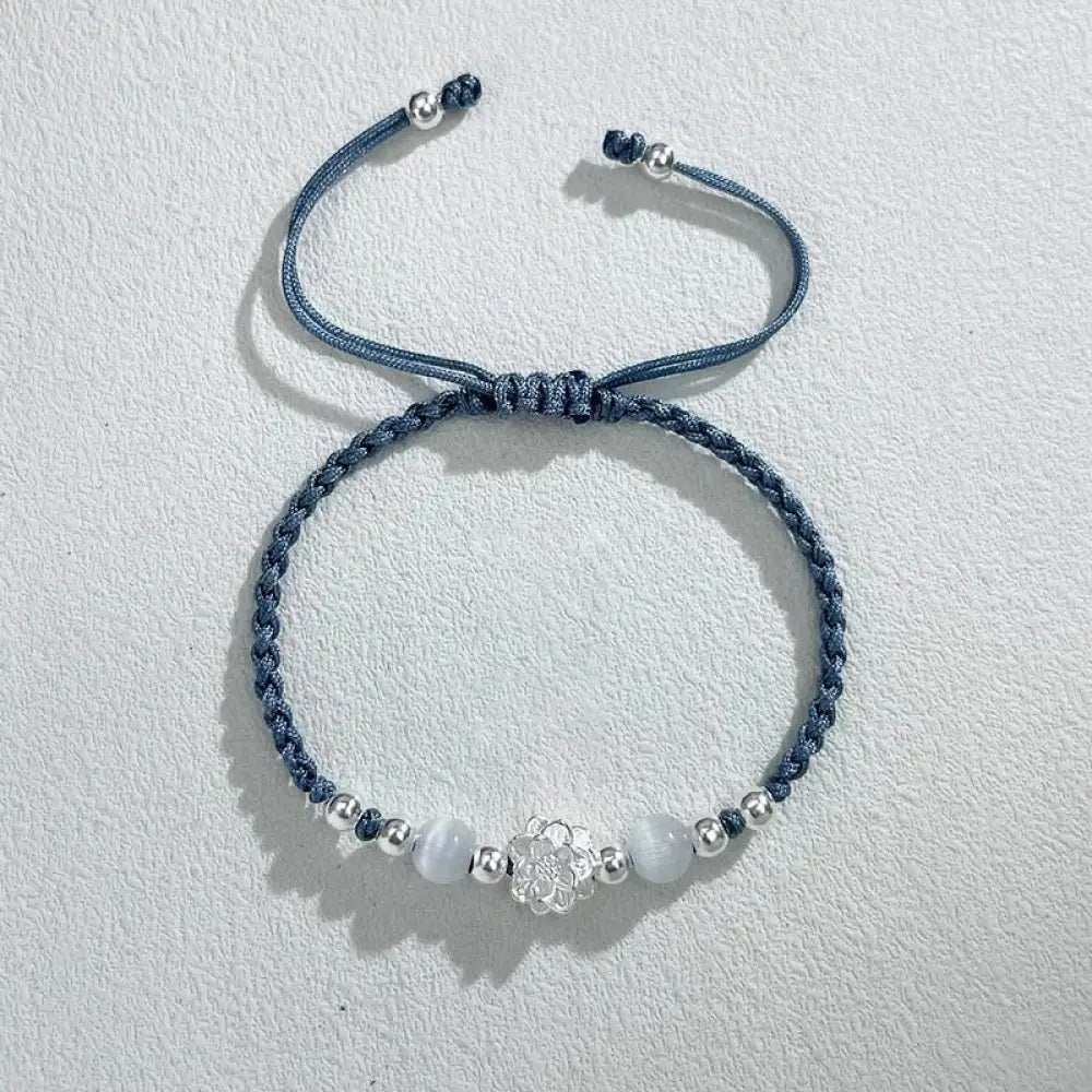 Buddha Stones 999 Sterling Silver Lotus Design Cat’s Eye Bead Protection String Bracelet - BWOOOH - Lotus Blue(Wrist