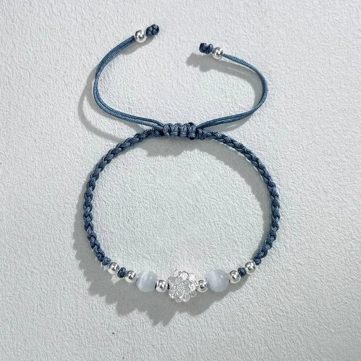 Buddha Stones 999 Sterling Silver Lotus Design Cat’s Eye Bead Protection String Bracelet - BWOOOH - Lotus Blue(Wrist