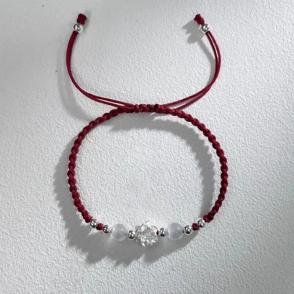 Buddha Stones 999 Sterling Silver Lotus Design Cat’s Eye Bead Protection String Bracelet - BWOOOH - Lotus DarkRed(Wrist