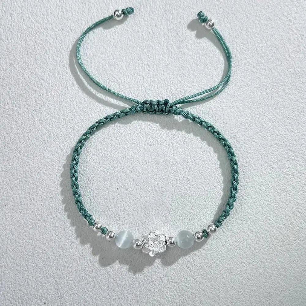 Buddha Stones 999 Sterling Silver Lotus Design Cat’s Eye Bead Protection String Bracelet - BWOOOH - Lotus Green(Wrist